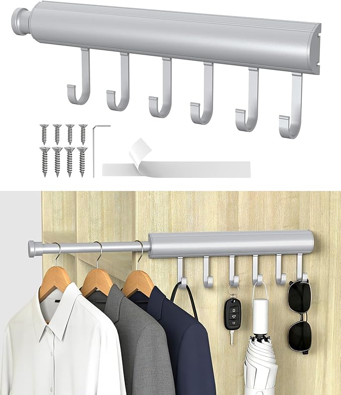 12 Inch Valet Rod for Closet Pull Out, Expandable with 6 Hooks, Closet Rod for Laundry, Bedroom & Tomorrow’s Outfit (Silver, 1 Pack)