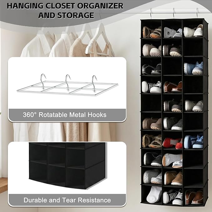 coastal rose Hanging Shoe Organizer for Closet, 30 Sections Hanging Closet Organizers and Storage Shelves, Space Saving Hanging Shoe Storage, Black, 17''W×11.5''Dx 48''H