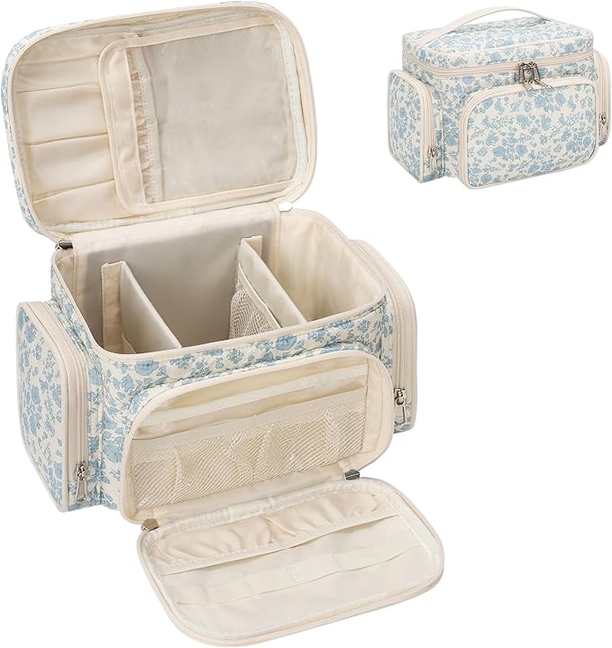 Bagmoly Large Cotton Makeup Bag, Quilted Floral Makeup Bag Organizer for Women Girls with Makeup Brush Compartment & Two Side Pockets, Cosmetic Travel Bag Vertical Storage- Blue Flower