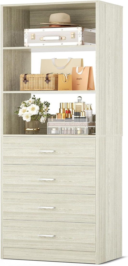 Aheaplus Closet Drawers Organizer System, 21.3" Wood Closet System with 4 Drawers, Modular Walk-in Closets Storage Unit, Tall Bookshelf Storage Cabinet, White Oak