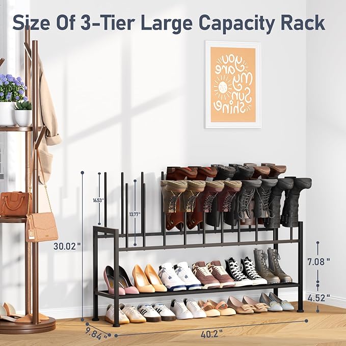 DIMJ Boot Rack 3-Tier - Black Metal Boot Storage Rack for Tall Boots Organizer Tall Boots, Multiuse Shoe Rack for Boots, Sneakers, High-Heels, Entryway, Fit for 10 Pairs, Black