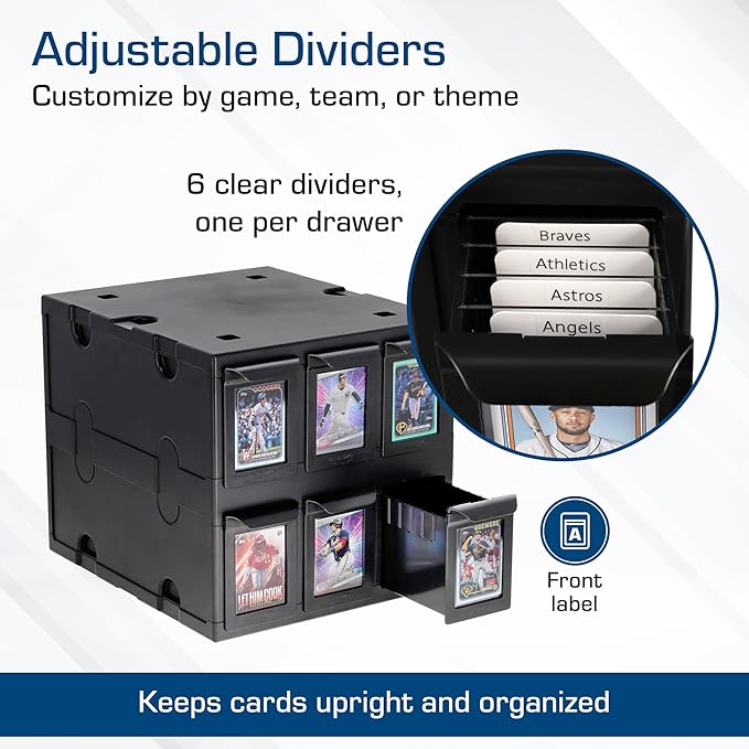 BCW 6 Drawer Card Catalog - Black | Stackable Trading Card Organizer Box | Holds Sports Cards, Gaming Cards, Toploaders & Magnetics | Heavy-Duty Black Plastic Storage with Dividers