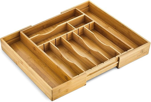 Night Tree 2.5” Extra Deep Silverware Drawer Organizer with Adjustable Dividers – Expandable Bamboo Flatware Tray for Kitchen, Reinforced Wood Cutlery Holder (14"-21.6" Wide)
