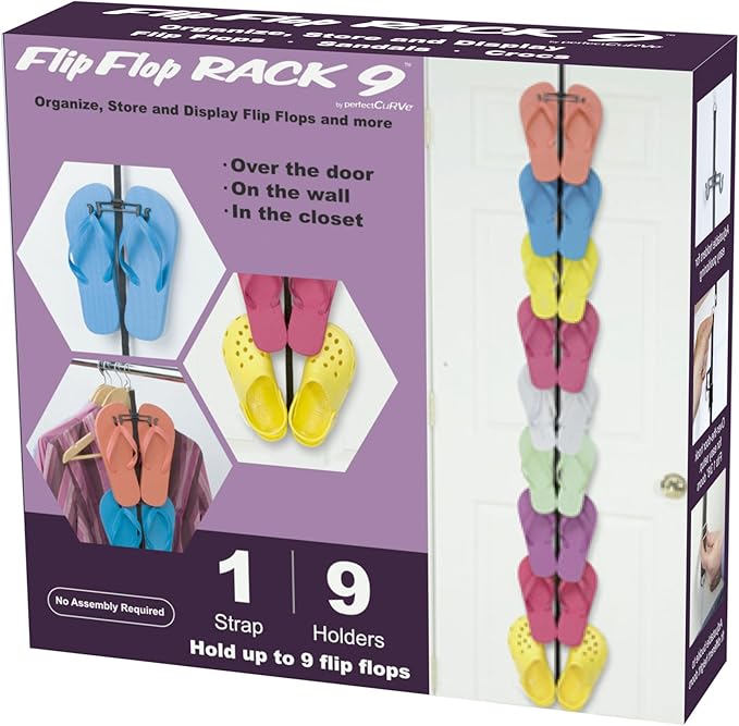 Perfect Curve Flip Flop Rack Organizer | Holds 9 Pairs | Over Door Organizer | Space Saving Shoe Rack | Adjustable Hooks | Organize Flip Flops, Crocs and Oofos | Black