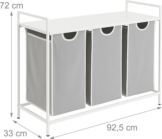 Relaxdays sorter with 3 Removable Bags, with Shelf, HWD: 72x92.5x33 cm, Metal Laundry Basket, White/Grey, Iron, Fibreboard, Polyester, 72 x 92.5 x 33 cm