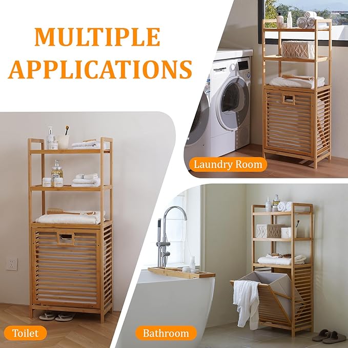 Baveke Bamboo Laundry Hamper with 3 Tier Shelves & Tilt Out Basket, Laundry Baskets Organizer Hampers Bathroom Storage Shelf for Laundry Room, Bathroom, Guest Room（3-Tier, Large）