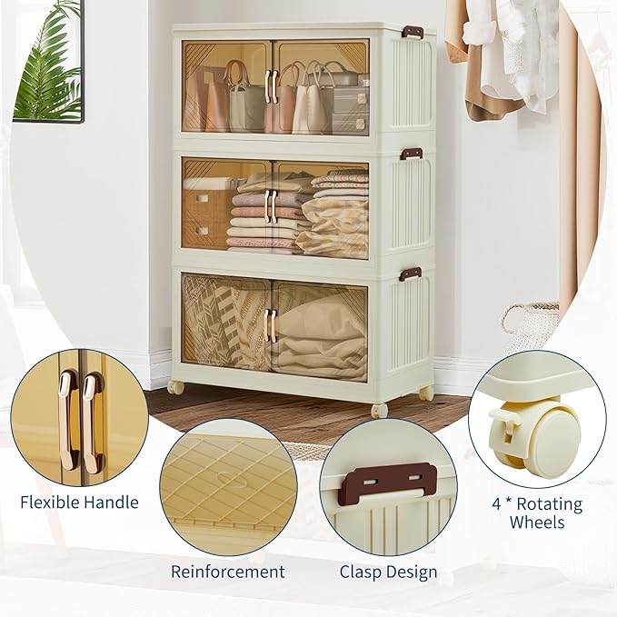 GarveeHome 144QT Stackable Storage Bins, Folding Storage Box with Magnetic Doors & Wheels, Loset Organizers and Storage with Lids, Collapsible Plastic Drawers for Bedroom Kitchen Office, White