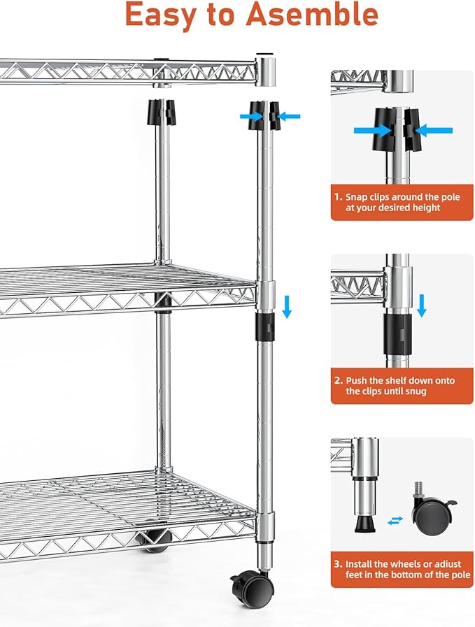 Simple Deluxe 3-Tier Heavy Duty Storage Shelves 750Lb Capacity, 24.02" D x 13.78" W x 29.92" H Adjustable Shelving Unit with Wheels, Chrome, 2 Pack