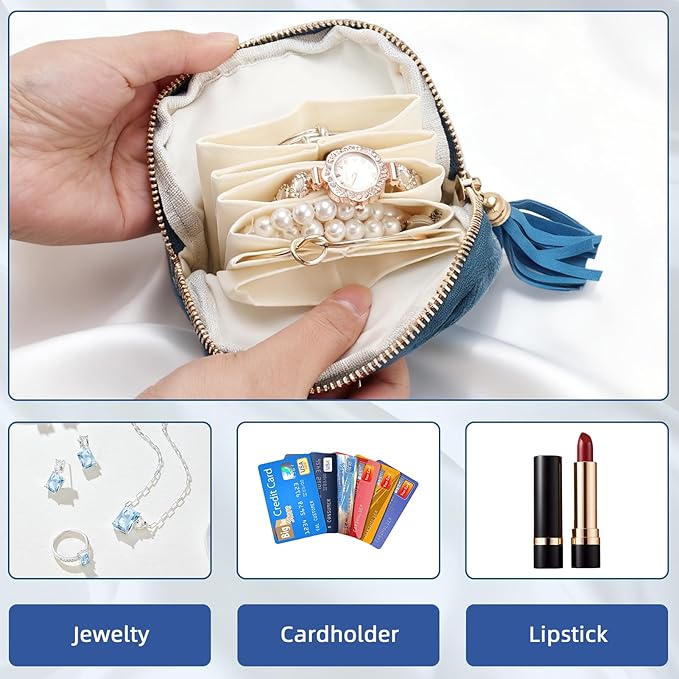 Travel Jewelry Case Small Soft Velvet Organizer Pouch Travel Gifts for Women Storage Bags Mini Jewelry Bag for Gemstones Bracelets Healing Crystal Earring Necklaces Small Pouch Teal Blue