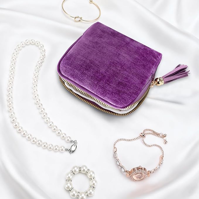 Travel Jewelry Case Small Soft Velvet Organizer Pouch Travel Gifts for Women Storage Bags Mini Jewelry Bag for Gemstones Bracelets Healing Crystal Earring Necklaces Small Pouch Bag Purple