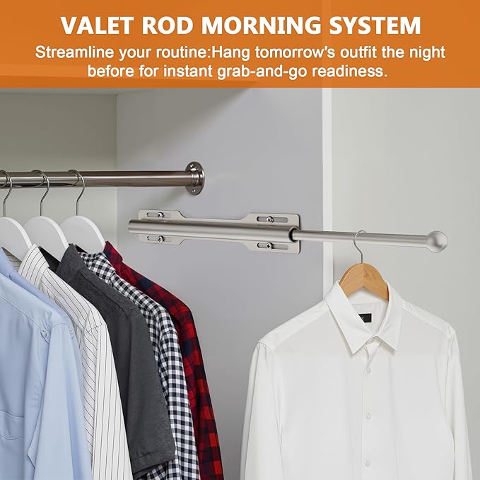 Valet Rod for Closet Pull Out, Rod for Bedroom Laundry Room Bathroom, Nickel