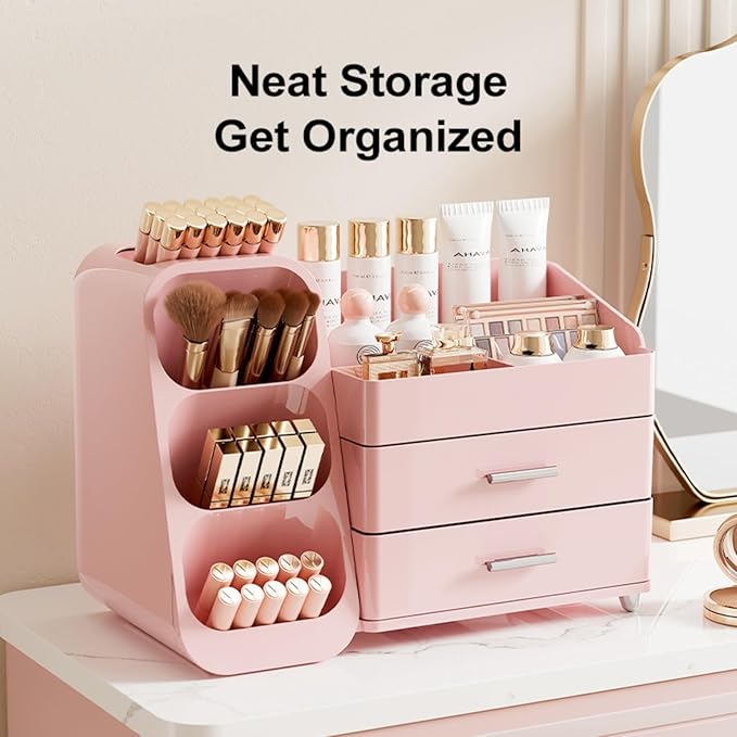 Booklov Makeup Organizer for Vanity, Large Capacity Cosmetic Display Case with Drawers, Countertop Beauty Storage Holder for Skincare, Brush Eyeliner Perfume Eyeshadow Lipsticks, Counter Desk, Pink
