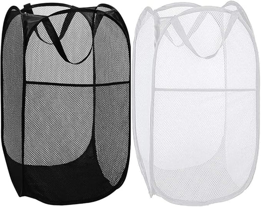 BATTOO Deluxe Strong Mesh Pop up Laundry Hamper Basket with Side Pocket for Laundry Room, Bathroom, Kids Room, College Dorm or Travel Black+White