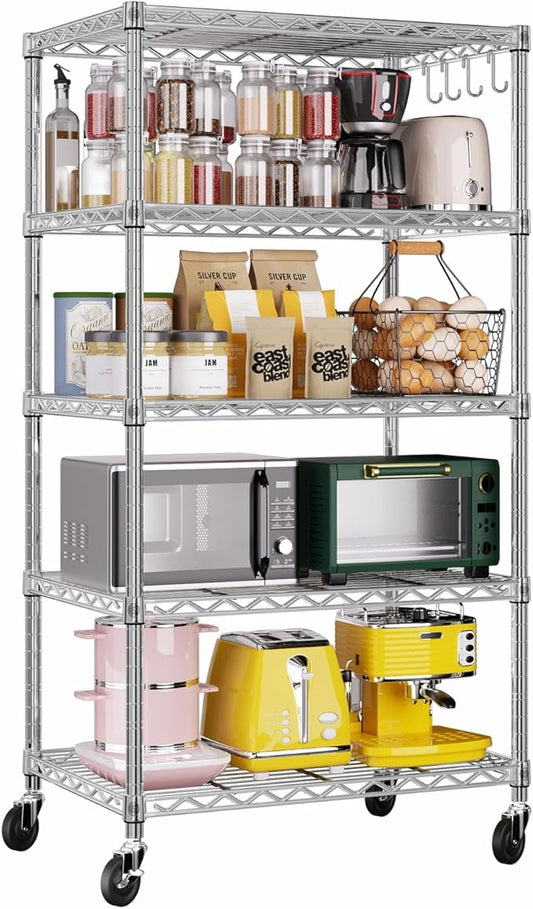 PrimeZone 75" H Wire Shelving 5 Tier Slim Steel Storage Metal Shelves with Wheels,Adjustable Kitchen Utility Shelving Unit,Pantry Rack Rolling Metal Shelf Chrome 24" Wx18 Dx75 H