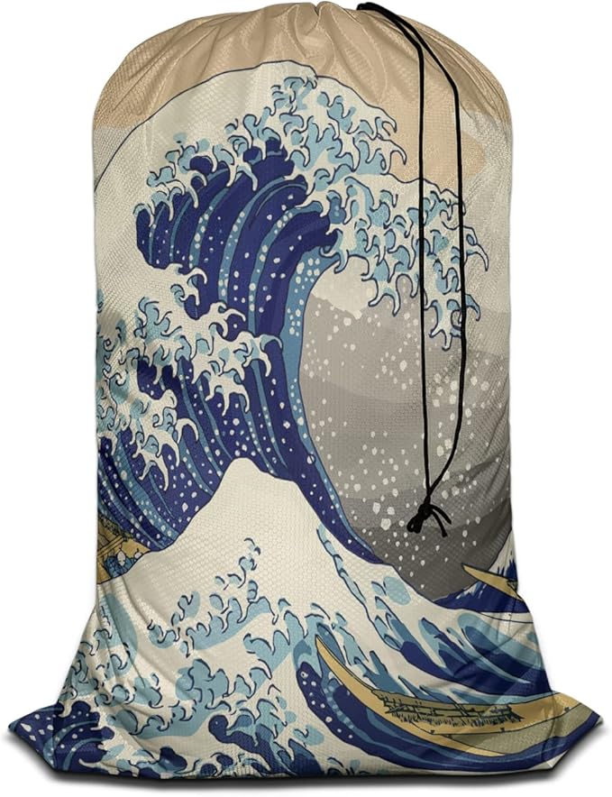 Swono Laundry Storage Bag with Drawstring Closure Japanese Wave Extra Large Huge Heavy Duty Oxford Cloth, The Great Wave Off Kanagawa Ocean Series Strong Power, Machine Washable