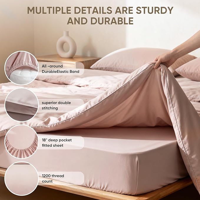 TWK 1200 Thread Count 100% Egyptian Cotton Sheets Bed Set,Thickness,Long-Lasting Durability,Resists Pilling,Deep Pocket Up to 18",with a Laundry Bag (Sand, Full)
