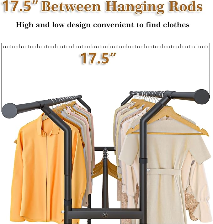Wiracks Heavy Duty Clothes Rack Rolling Clothes Rack 3 Rods Clothing Rack 450lbs Capacity 51"-71" L X 19.7" D X 73-79" H Adjustable Rolling Garment Rack