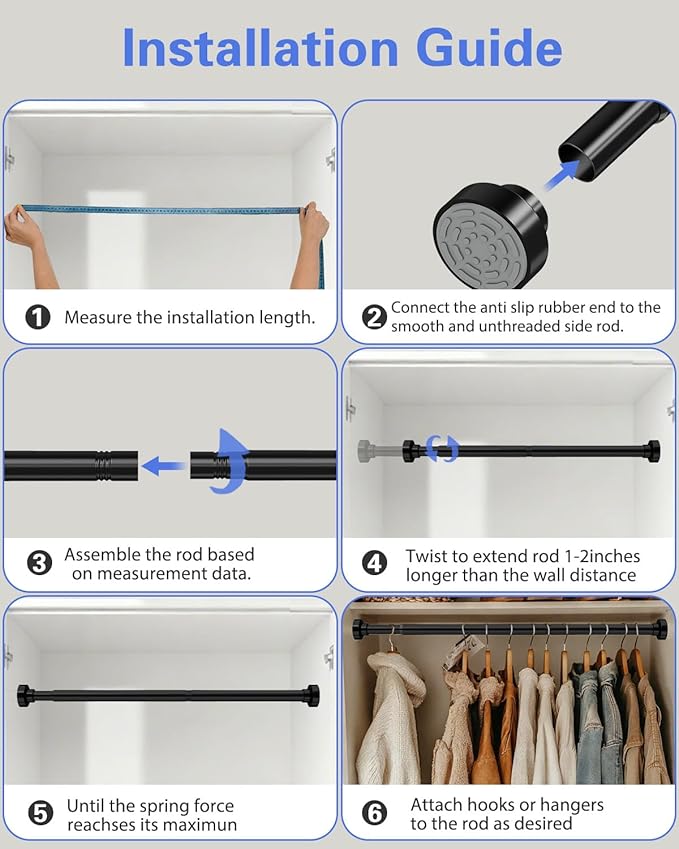 Supforce 2 Pack No Drilling Closet Rods for Hanging Clothes, Non Slip Tension Rod with Heavy Duty Clothes Hanging Rod, 17-28 Inches Adjustable Spring Closet Rod for Closet Wardrobe Bathroom RV, Black