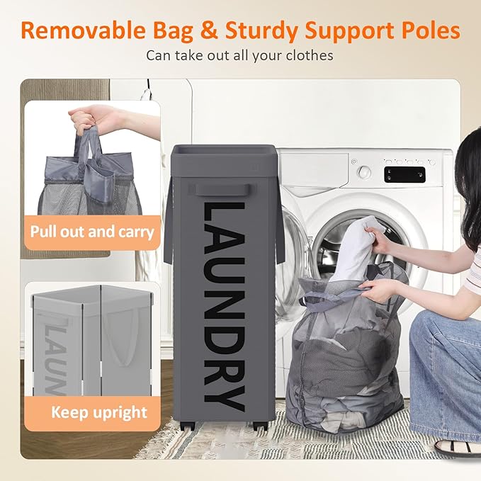 Optish 2 Pack Laundry Basket with Wheels, 90L Rolling Laundry Hamper with Wheels, Large Clothes Hamper on Wheel with Removable Mesh Bag for Bedroom, Dorm
