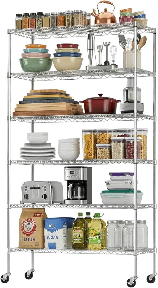 BestOffice | 6-Tier Wire Shelf with Wheels | 45"x18"x82" | Chrome | Adjustable Racks | Heavy-Duty Storage Shelves, Holds Upto 510 lbs | Rust-Resistant, No-Tool Assembly | for Home, Garage Shelving