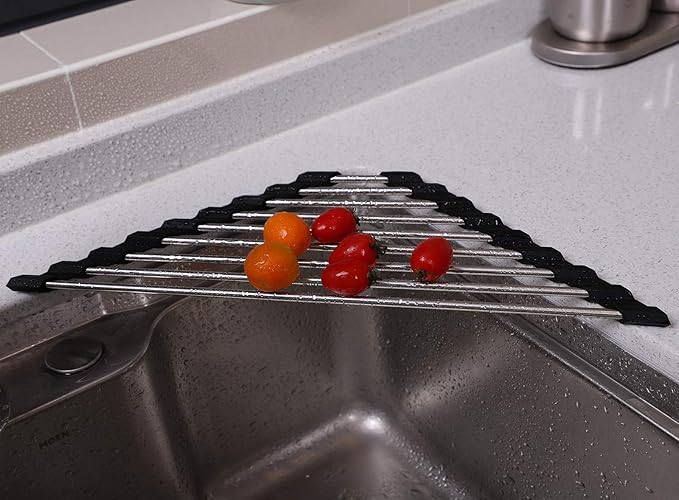 Triangle Dish Drying Rack for Sink Corner Roll Up Dish Drying Rack Folding Stainless Steel Multipurpose Over The Sink Corner Dish Drainer Mat for Kitchen (Black)