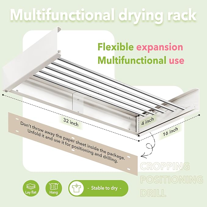 ZdwCyl Wall Mounted Drying Rack,32 inches,Foldbale, Clothes Drying Rack,Laundry Drying Rack Wall Mount,Drying Rack Clothing Space Saver,Retractable,Collapsible,Folding Laundry Rack,White