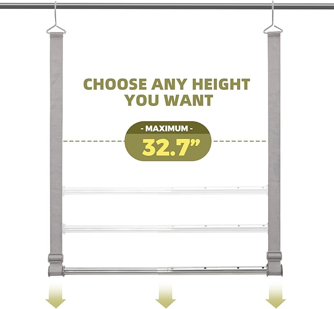 Hanging Closet Rod, 17-28In Width and Up to 32In Height Closet Extender, Double Hanging Bar with Powder-Coated Metal Pole and Adjustable Webbing, Space-Saving Tension Organizer, 2 Pack