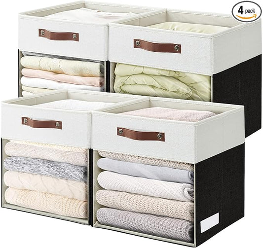 Bagnizer Storage Cubes, 4 Pack Linen Foldable Storage Bins (13 x 13 inch) with Clear Window and Handles, Fabric Organizer for Shelf Closet, Clothes, Books - (Black and White)