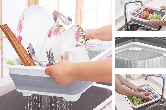 camper must haves dish drying rack Collapsible Dish Drying Rack Portable Dinnerware Drainer Organizer for Kitchen RV Campers Travel Trailers Space Saving Kitchen Storage Rack Tray (with Drainboard)