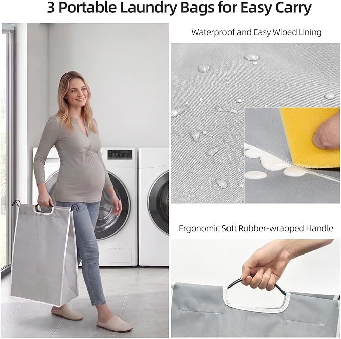 ROMOON Laundry Sorter Hamper 3 Section, Divided Laundry Basket Organizer with Heavy Duty Lockable Wheels and Removable Bags, Rolling Clothes Hamper for Apartment, Dorm & Family (130L Neutral Gray)