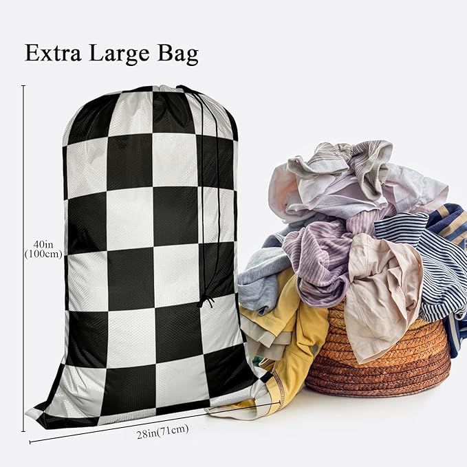 Swono Laundry Bag Drawstring Closure, Plaid Chess Board Black White Heavy Duty Laundry Portable for Home Dorm Room Essentials for Travel Camp, Oxford Cloth 28x40 Inch