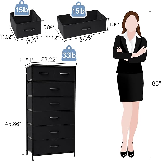 Crestlive Products Vertical Dresser Storage Tower - Sturdy Steel Frame, Wood Top, Easy Pull Fabric Bins, Handles - Organizer Unit for Bedroom, Hallway, Entryway, Closets - 7 Drawers (Black)
