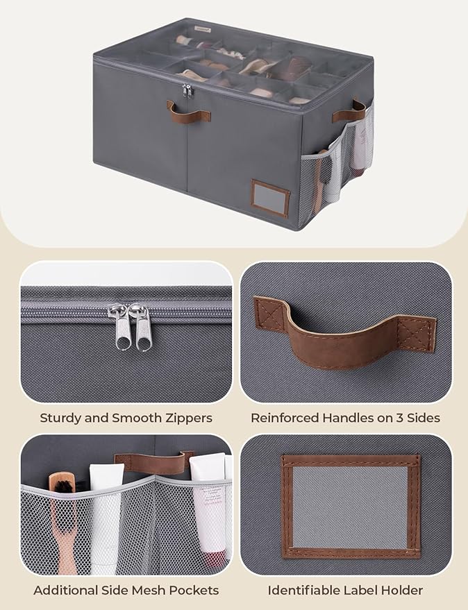 StorageWorks Shoe Organizer for Closet, Shoe Storage Containers for Entryway, Fabric Shoe Cubby Storage for Slippers and Flats, Shoe Storage Bins with Side Mesh Pocket, Fits up to 20 Pairs, Gray