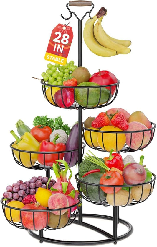 PouHenier.jh 5 Tier Fruit Basket Tower Stand with Banana Hanger for Kitchen Counter, Vegetable Tiered Shelf for Countertop, Tall Standing Produce Holder for Potato, Onion with Stable Base (Black)