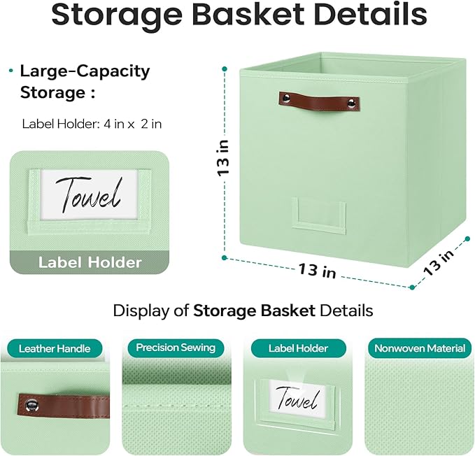 FinishingBo 6-Pack Storage Cubes with Handles & Label Holders Basket, Closet Cube Home Organizer Bins(Green, 13 x 13 x 13 inch)