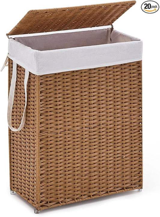 Slim Wicker Laundry Hamper with Lid, 55L Handwoven Rattan Basket with Handles, Narrow Laundry Basket with Removable Liner Bag & 2 Mesh Bags