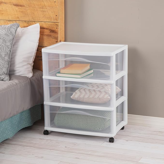 Sterilite 2 Pack Wide 3 Drawer Storage Cart, Plastic Organizer with Wheels, White - Multipurpose Bin for Clothes, Accessories, or Home Accessories