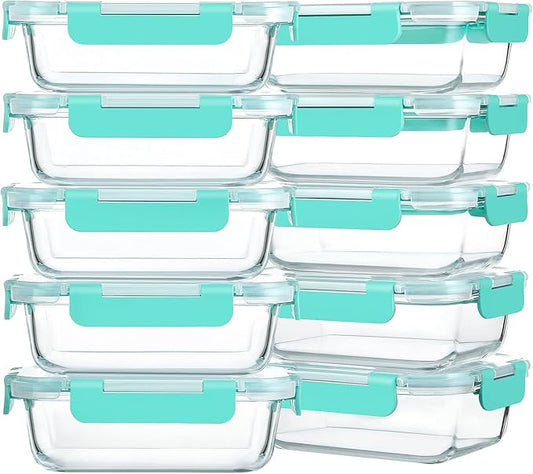 M MCIRCO 10-Pack 22 Oz Glass Meal Prep Containers with Lids - Microwave, Oven, Freezer & Dishwasher Safe - Green