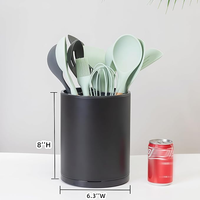 LIBODOUR Kitchen Utensil Holder Extra Large 360°Rotating For Counter Organizer Stainless Steel Storage Cooking Silverware Caddy 3 Compartment Flatware Spoon Spatula Tool Cutlery Container（Black）