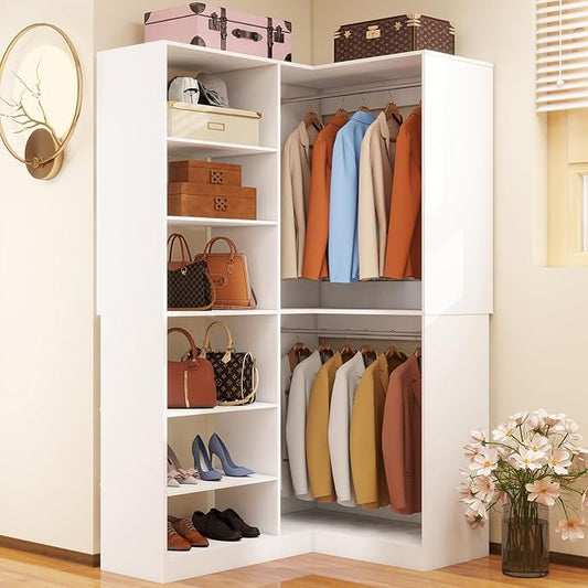 Corner Closet System, 39.4" * 31.5" L Shaped Closet Organizer Storage System with 3 Hanging Rods 6 Shelves Freestanding Walk in Closet Corner Modular Wardrobe, White