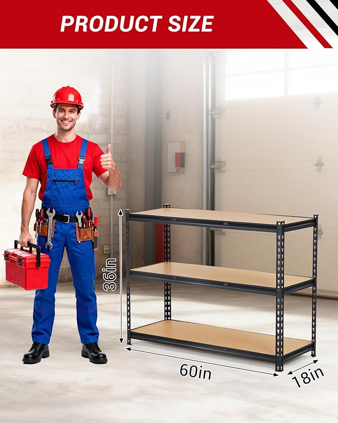 GarveeTech Heavy Duty Garage Shelving Units,3-Tier Adjustable Storage Shelves,60 x18 x 36 Inch,Loads 1320 LBS,Adjustable Garage Storage Shelving, Metal Storage Utility Rack Shelf Unit