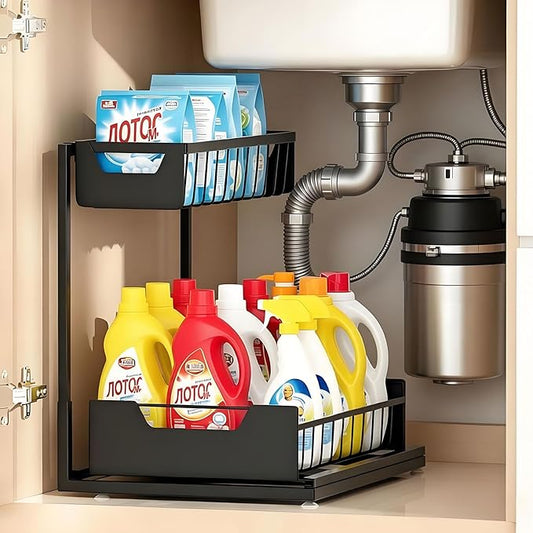 Ceetug Under Kitchen Sink Organizers and Storage Pull Out 2 Tier Metal Bathroom Cabinet Organizer (Black, 1 Pack)