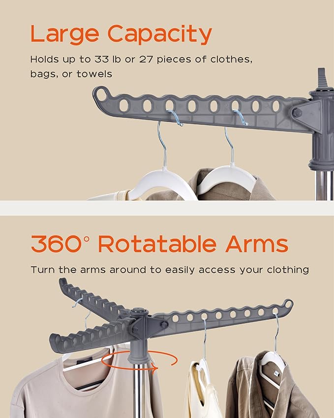 CASAMAYA Clothes Drying Rack Foldable, 59 inch Tripod Laundry Drying Rack Indoor with Rotating Clothes Rail for 27 Pieces of Clothes, Space Saving, Stainless Steel, Grey and Silver CDR001G01