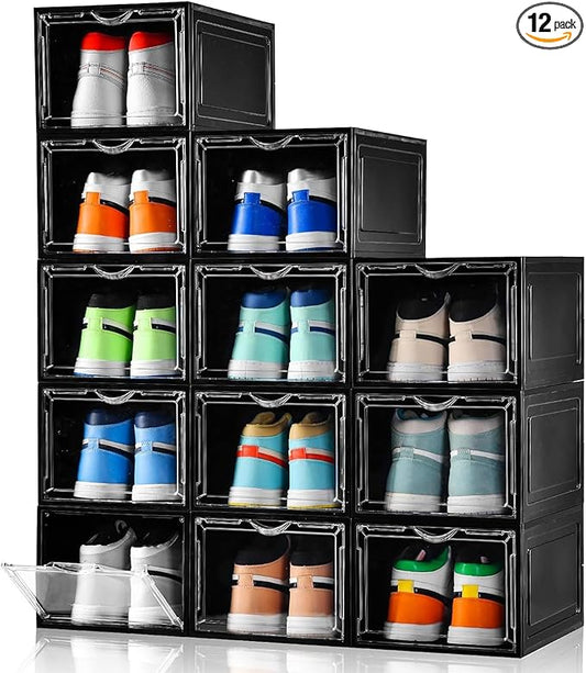 Clemate Upgraded X-Large Shoe Storage Box,12 Pack,Shoe Box Clear Plastic Stackable,Drop Front Shoe Box with Clear Door,Shoe Organizer Containers For Sneaker Display,Fit up to US Size13, Black