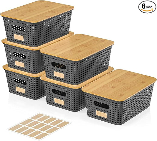 6Pcs Storage Bins with Lids, Stackable Plastic Storage Basket with Bamboo Lid, Pantry Organizer Box Small Containers for Organizing Shelves Drawer Desktop Closet Cabinet Office Classroom 10x7.1x4.1in