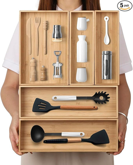 BAMOTTO CRAFTBAMBOO Stack Bamboo Drawer Organizer Set of 5, Kitchen Utensil, Flatware&Silverware Organizer-Wood Laminated Stackable for Kitchen, Bedroom, 13.4''x4.5''*2+10.2''x3.3''*2+10.2''x6.7''*1