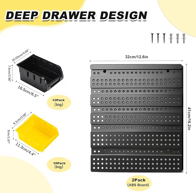 Wall Mounted Storage Bins, Nut and Bolt Organizer, Plastic Bolt Bin, Screw Organizer, Storage Bins for Garage (YELLOW+BLACK, SMALL(30PCS))