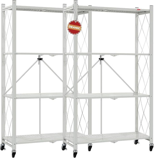 DEANIC 4 Tier Foldable Storage Shelves with Wheels, Large Capacity Shelving Unit, Freestanding Metal Wire Shelf Rack, No Assembly Organizer Rack for Garage Kitchen, Basement, Pantry(Grey Pack of 2)