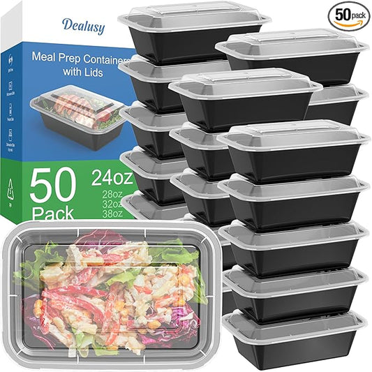 Dealusy 50 Pack (100-Piece) 24 oz Meal Prep Containers Reusable with Lids, Sturdy Leakproof & Food Safe, Microwave, Freezer, Dishwasher Safe Prep Containers, To Go Take Out Plastic Food Storage