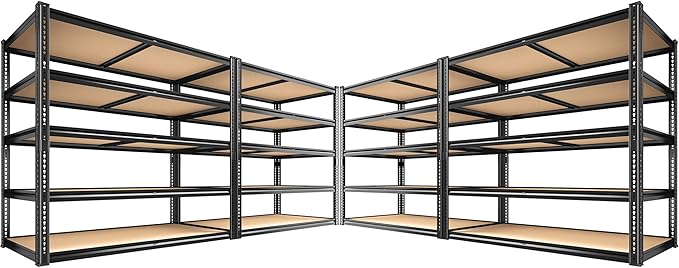 ROOMFAVE 40" W Storage Shelves 5 Tier Garage Shelving Heavy Duty,2350LBS Adjustable Metal Shelving Unit, Garage Shelves for Basement, Warehouse, Pantry, Closet, 72.1" H x 40" W x 20" D, Black,4PCS